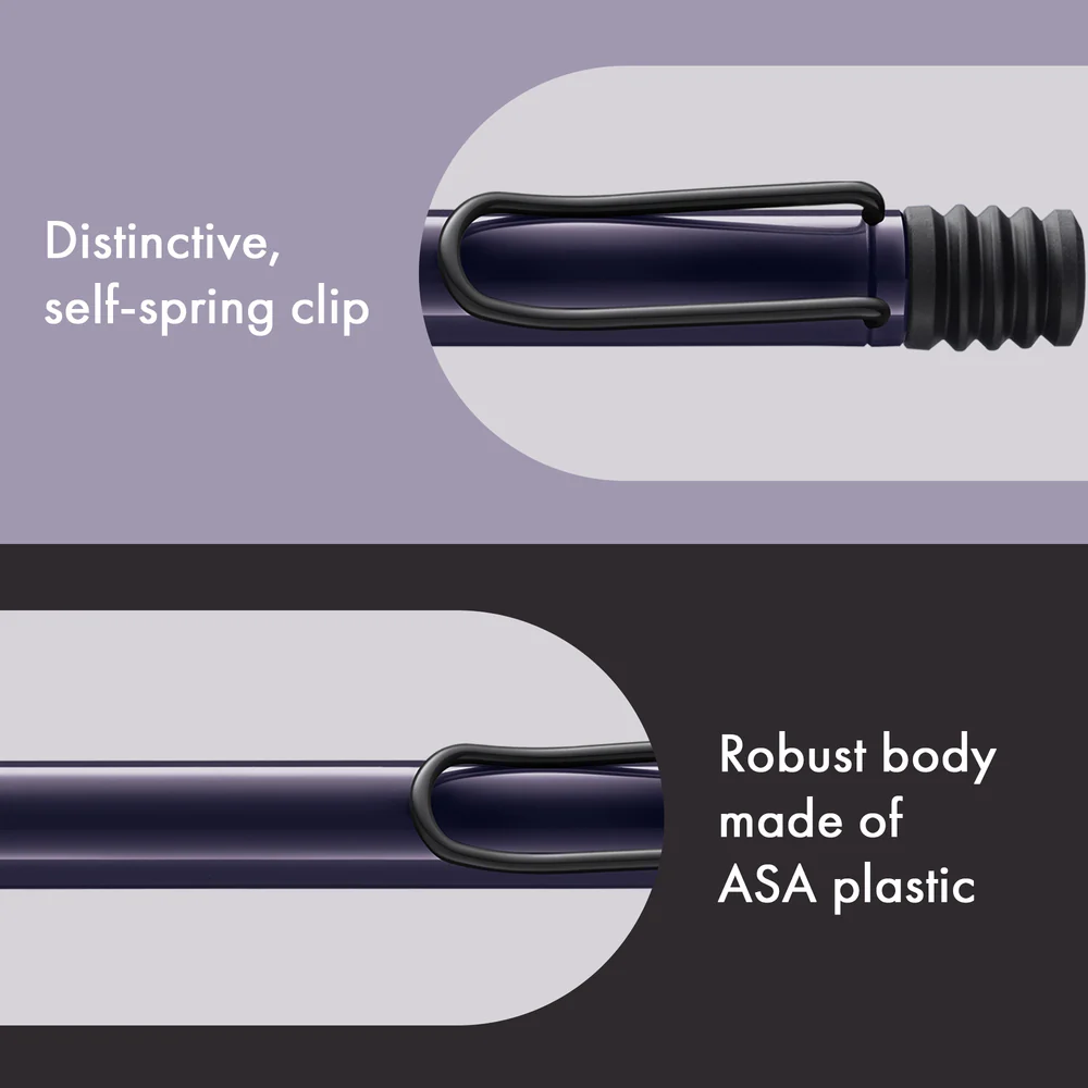 A close-up product feature graphic of a dark navy pen with a black spring clip and ribbed end, shown on a split lavender and dark gray background with text reading 'Distinctive, self-spring clip' and 'Robust body made of ASA plastic.'.