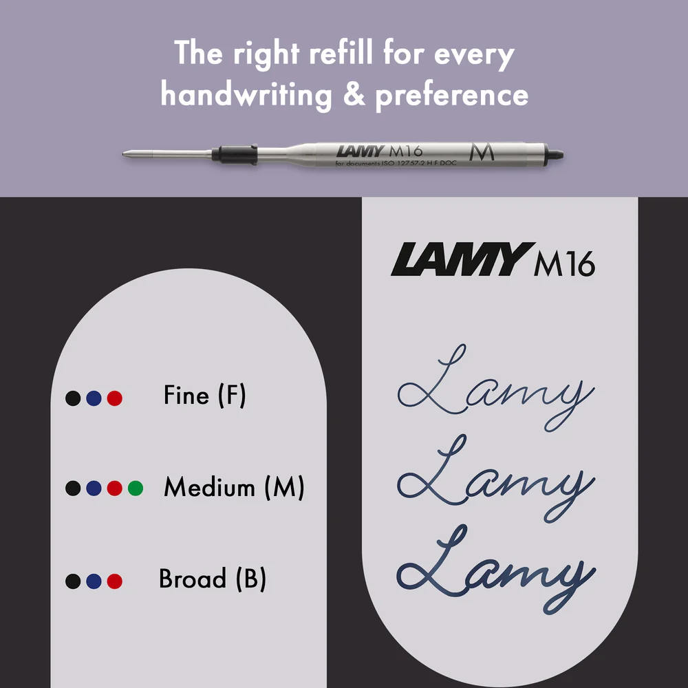 LAMY M16 refill pen shown on a purple and dark gray background with text reading 'The right refill for every handwriting & preference' and a color guide for Fine, Medium, and Broad nibs.