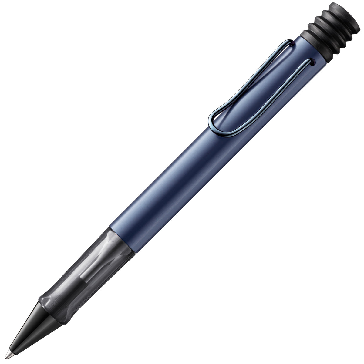 A metallic navy blue retractable ballpoint pen with a black clip, black tip, and black textured end cap, shown diagonally on a plain white background.