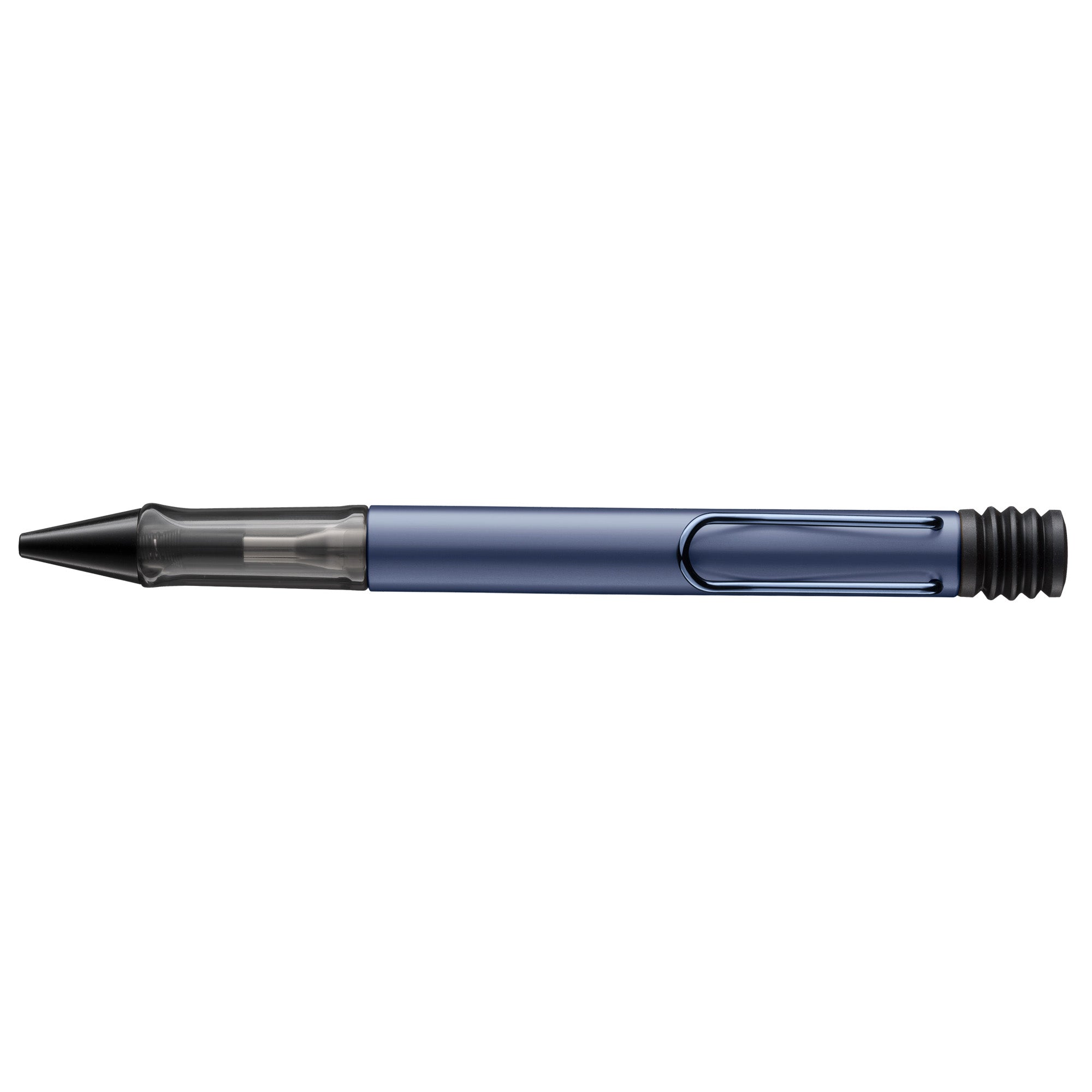 A translucent blue retractable pen with a black tip and black textured end, shown horizontally against a plain white background.