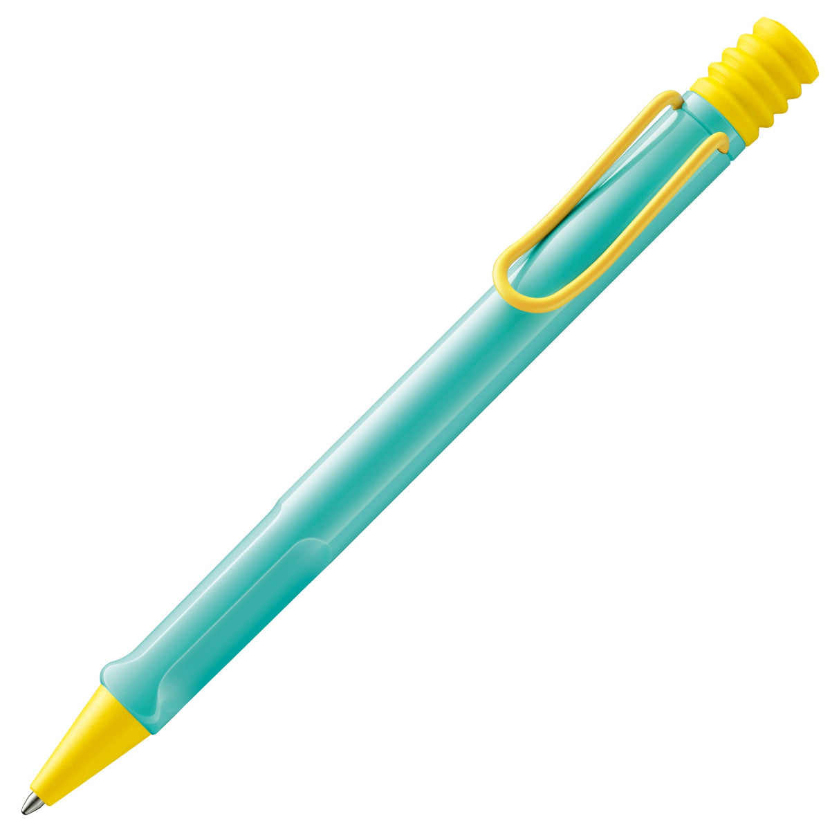 A LAMY safari ballpoint pen in pina colada color with a yellow grip and metal clip on a turquoise body.