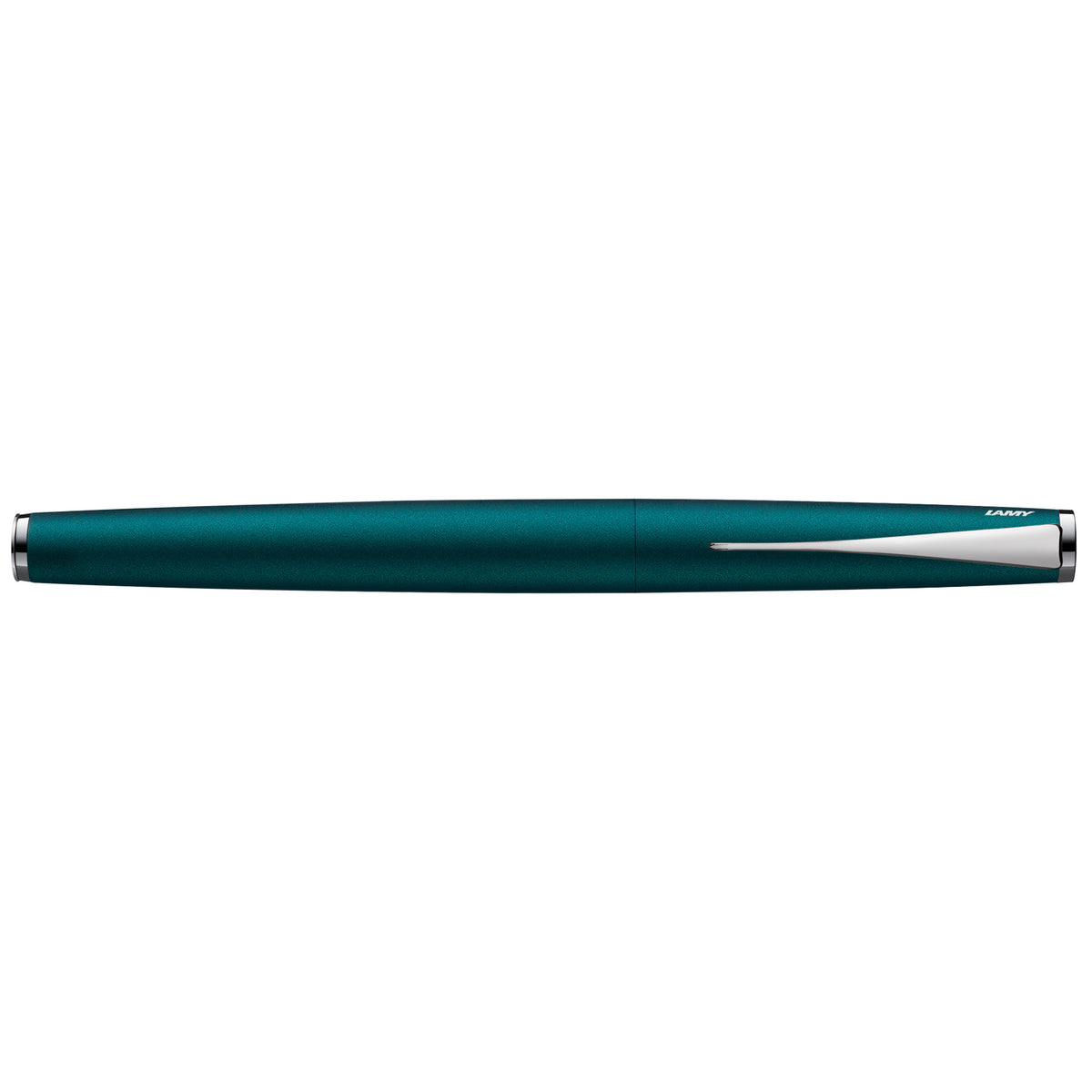 A sleek rollerball  in a deep petrol finish with a silver clip and silver end caps, shown horizontally against a plain white background.