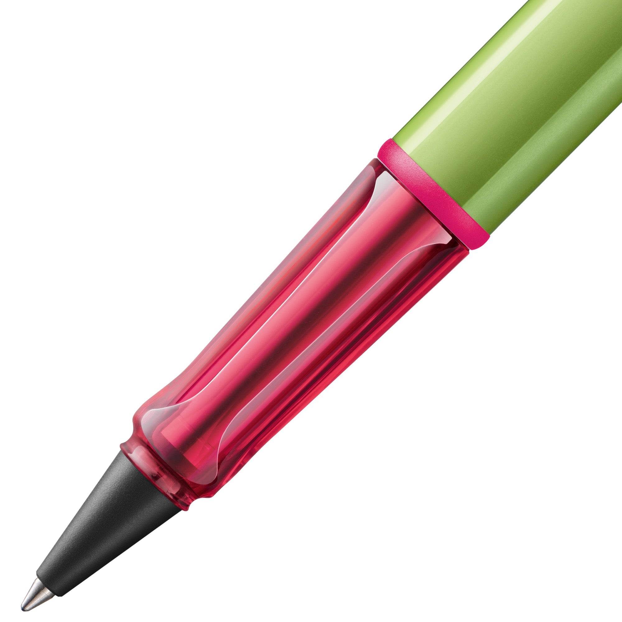 Pen with a green and red transparent body on a white background