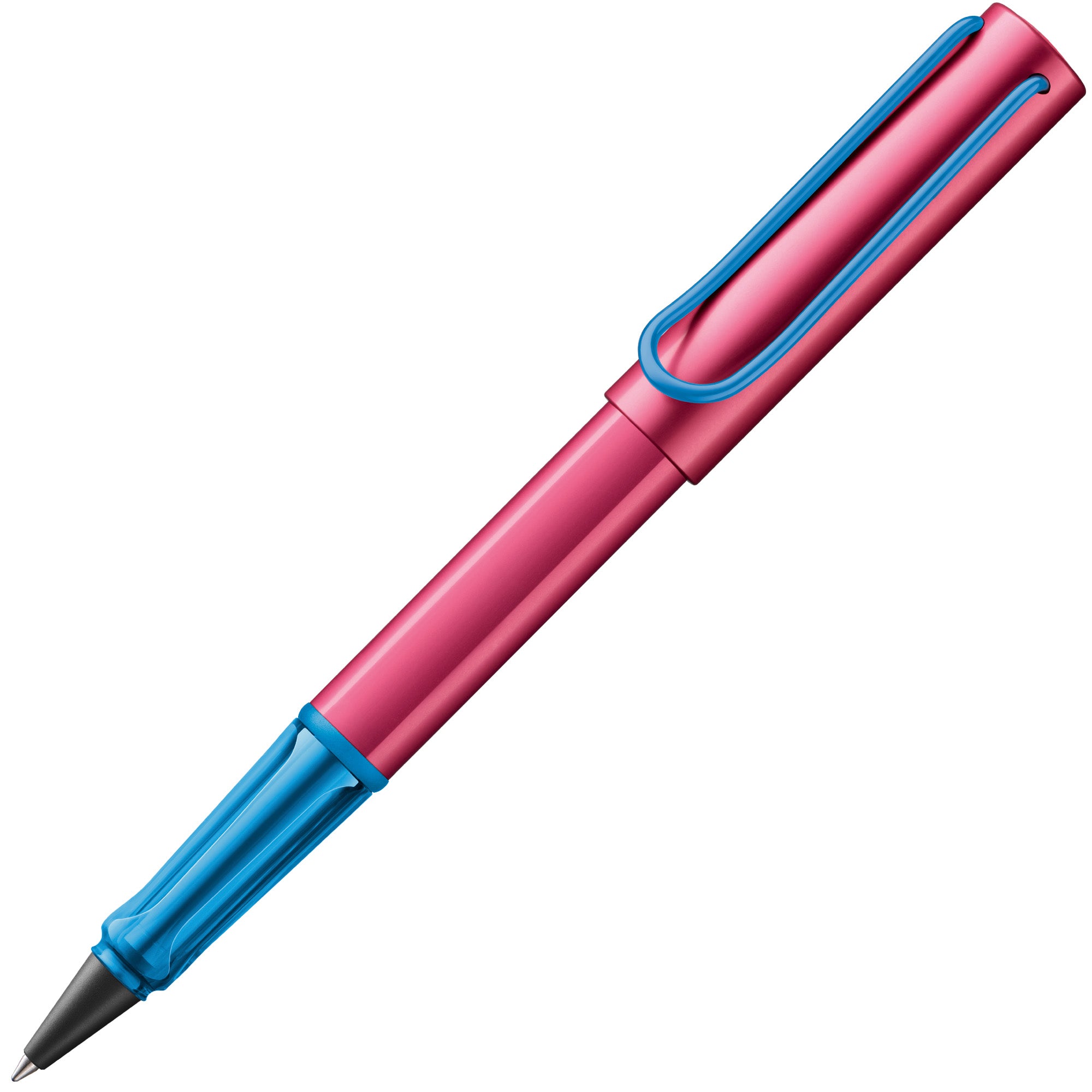 Pink and blue pen on a white background