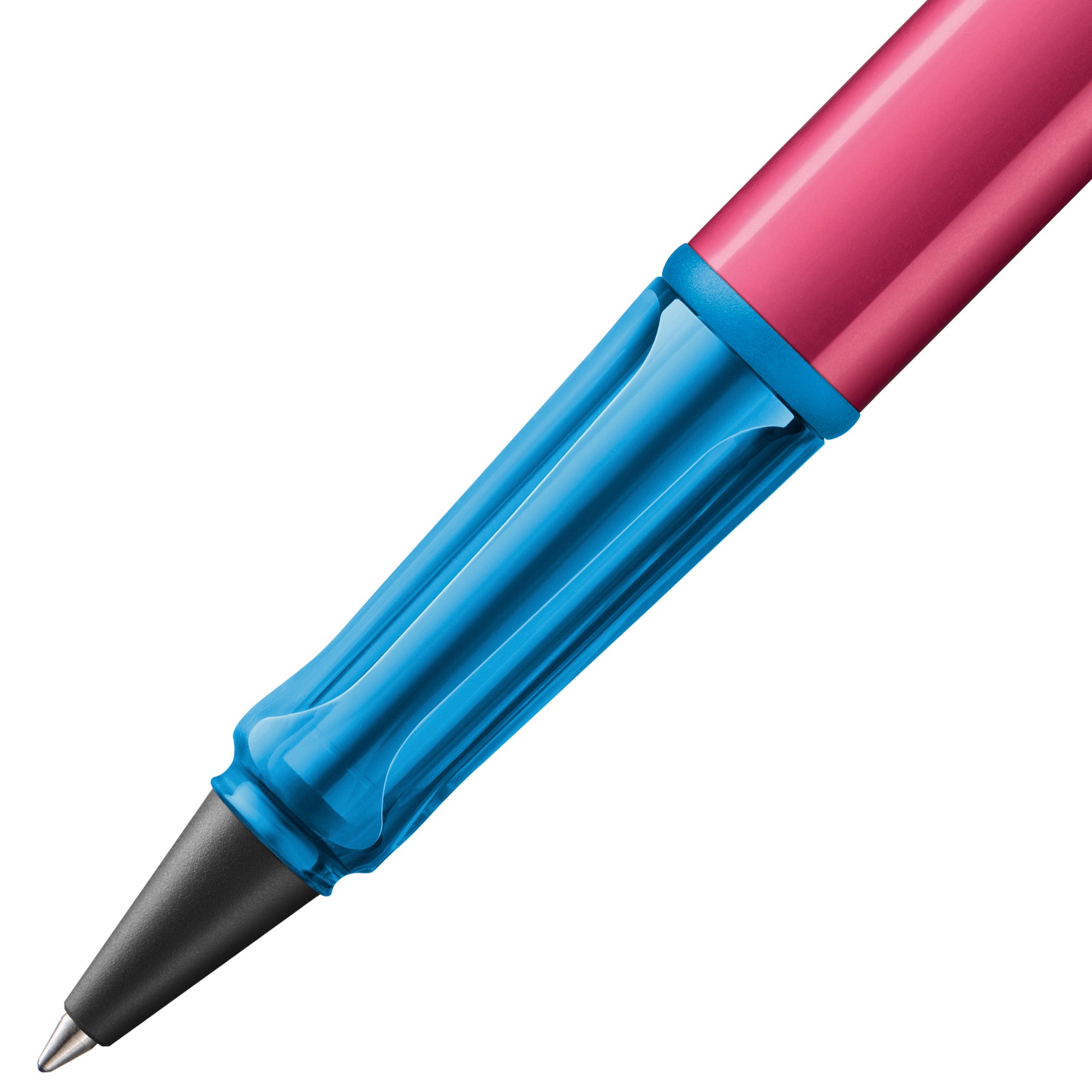 Pen with a blue body and pink cap on a white background