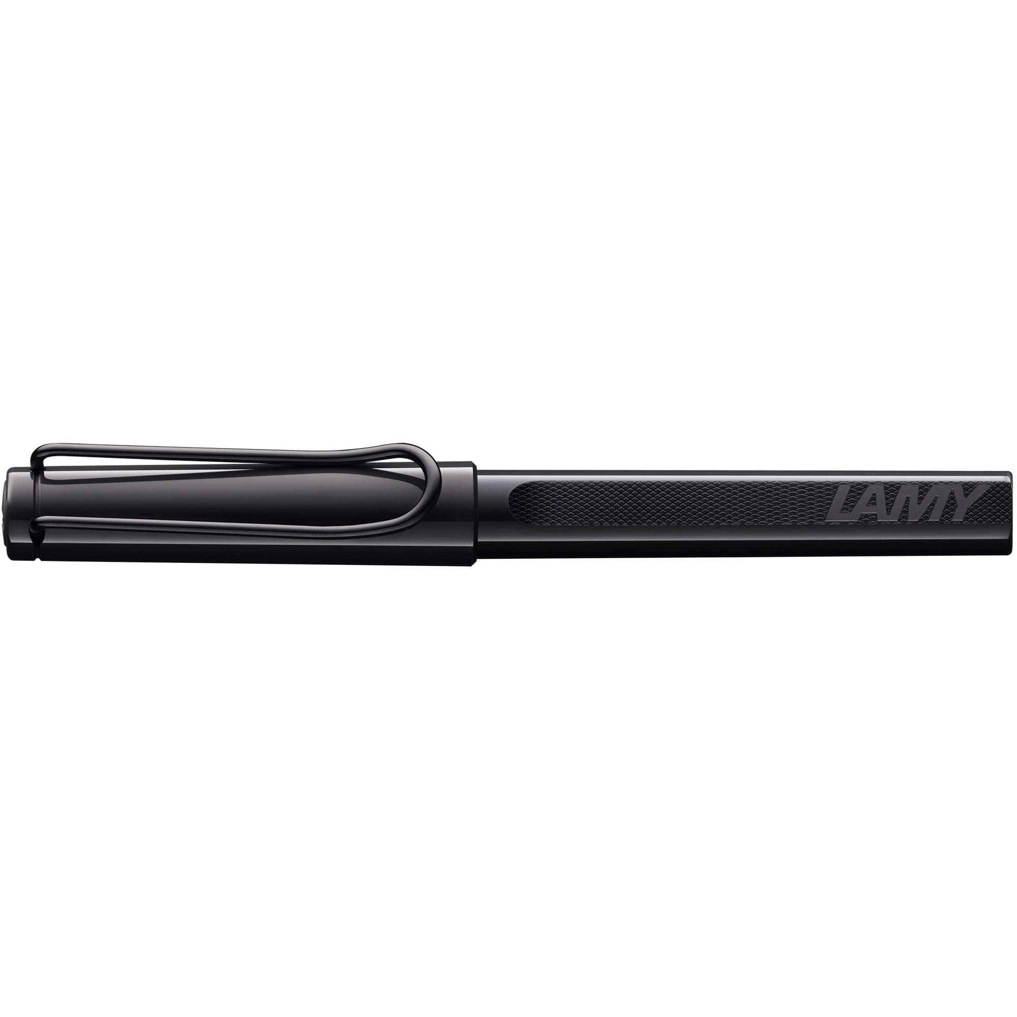 A black Lamy pen with a textured grip and a metal clip, shown horizontally against a plain white background.