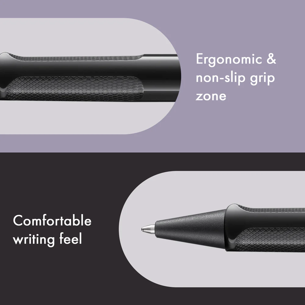 Close-up promotional graphic of a black pen showing two highlighted grip zones with text reading 'Ergonomic & non-slip grip zone' and 'Comfortable writing feel' on a split light lavender and dark charcoal background.
