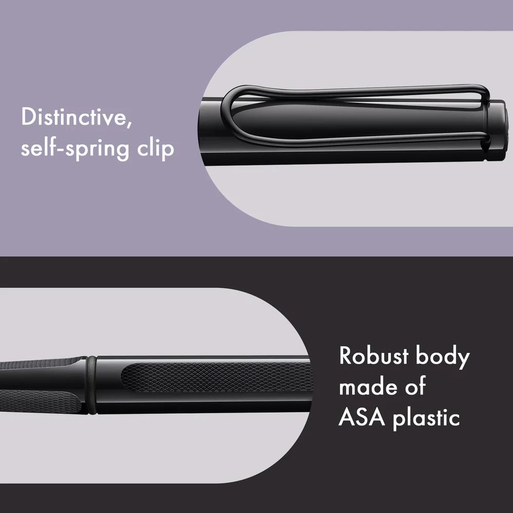 Close-up product feature graphic of a black pen with text reading 'Distinctive, self-spring clip' and 'Robust body made of ASA plastic' on a split light purple and dark charcoal background.