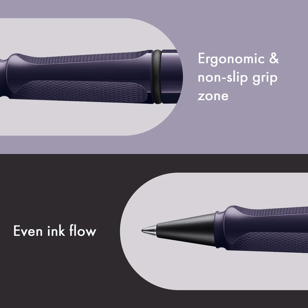Ergonomic and non-slip grip zone of a pen with text on a purple background, followed by a pen with even ink flow on a black background.