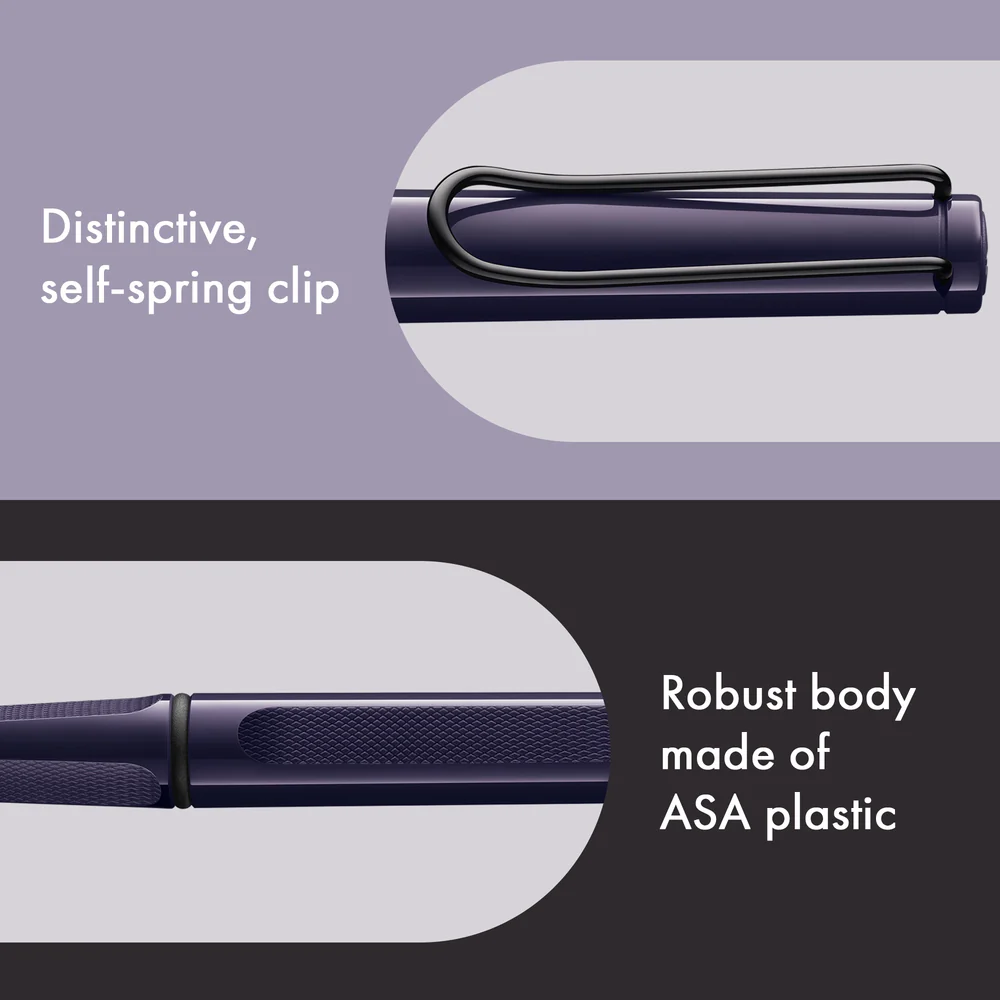 Pen with self-spring clip and ASA plastic body on a gray background