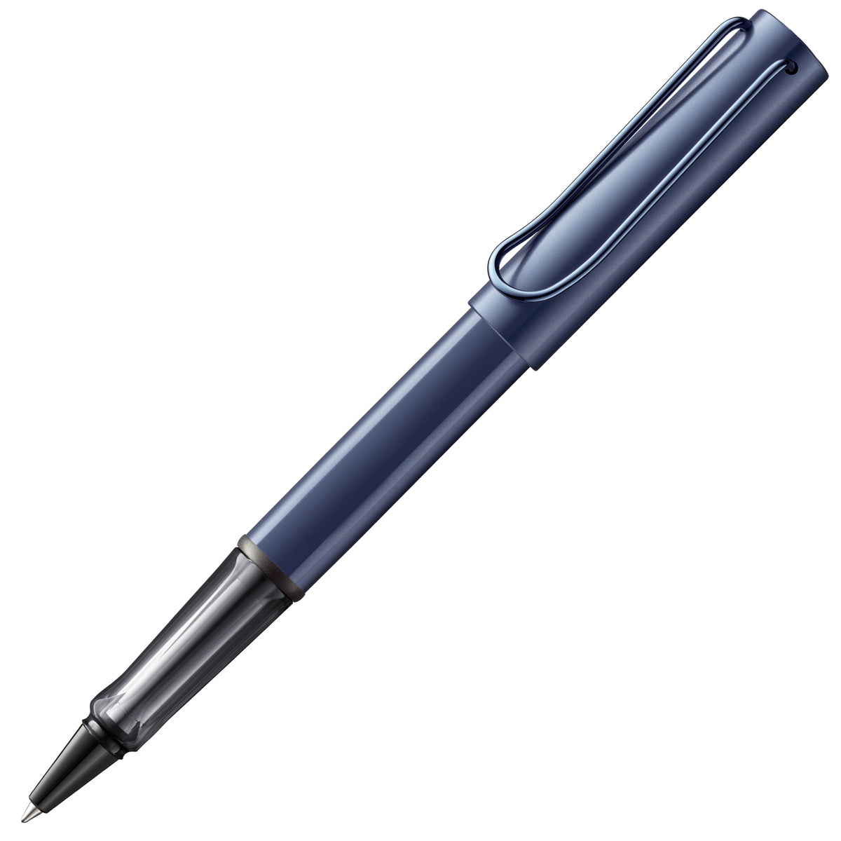 LAMY Lx Blue rollerball pen with a metallic finish on a white background