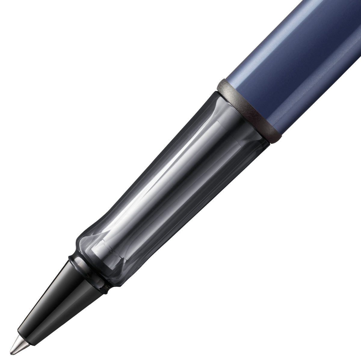 A close-up of a rollerball pen with a dark blue barrel, a transparent smoky grip, and a black tip, shown diagonally on a plain white background.