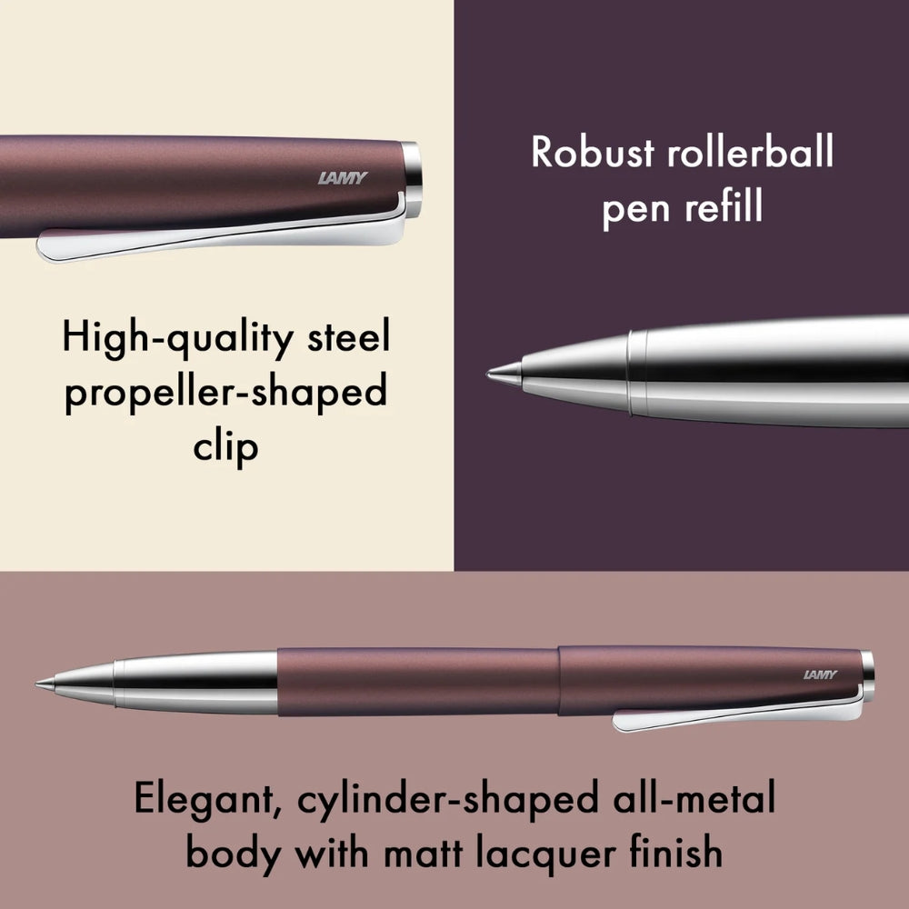 Lamy pen with text highlighting features like robust rollerball refill, high-quality steel clip, and elegant metal body.