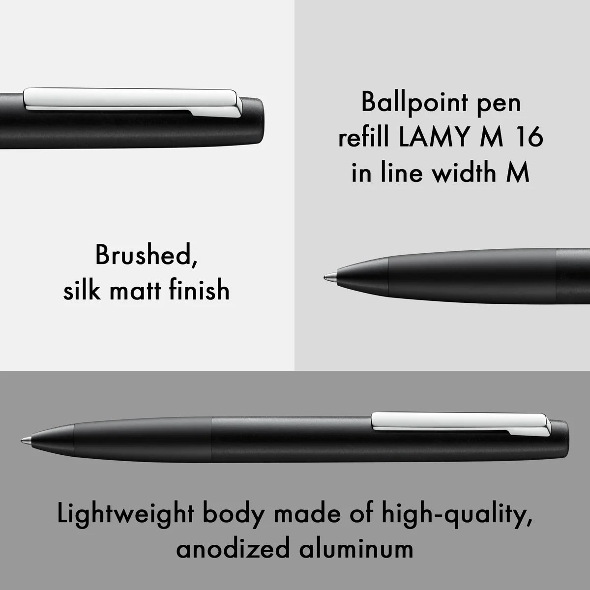 Ballpoint pen refill LAMY M 16 with text describing its features