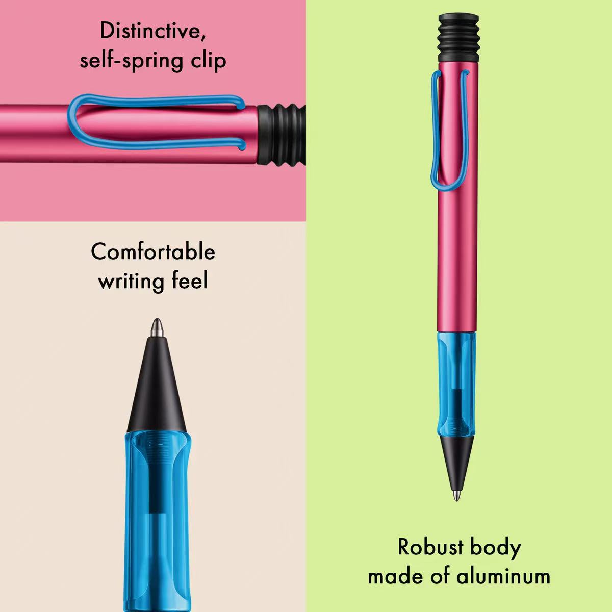 Pen with features highlighted on a colorful background