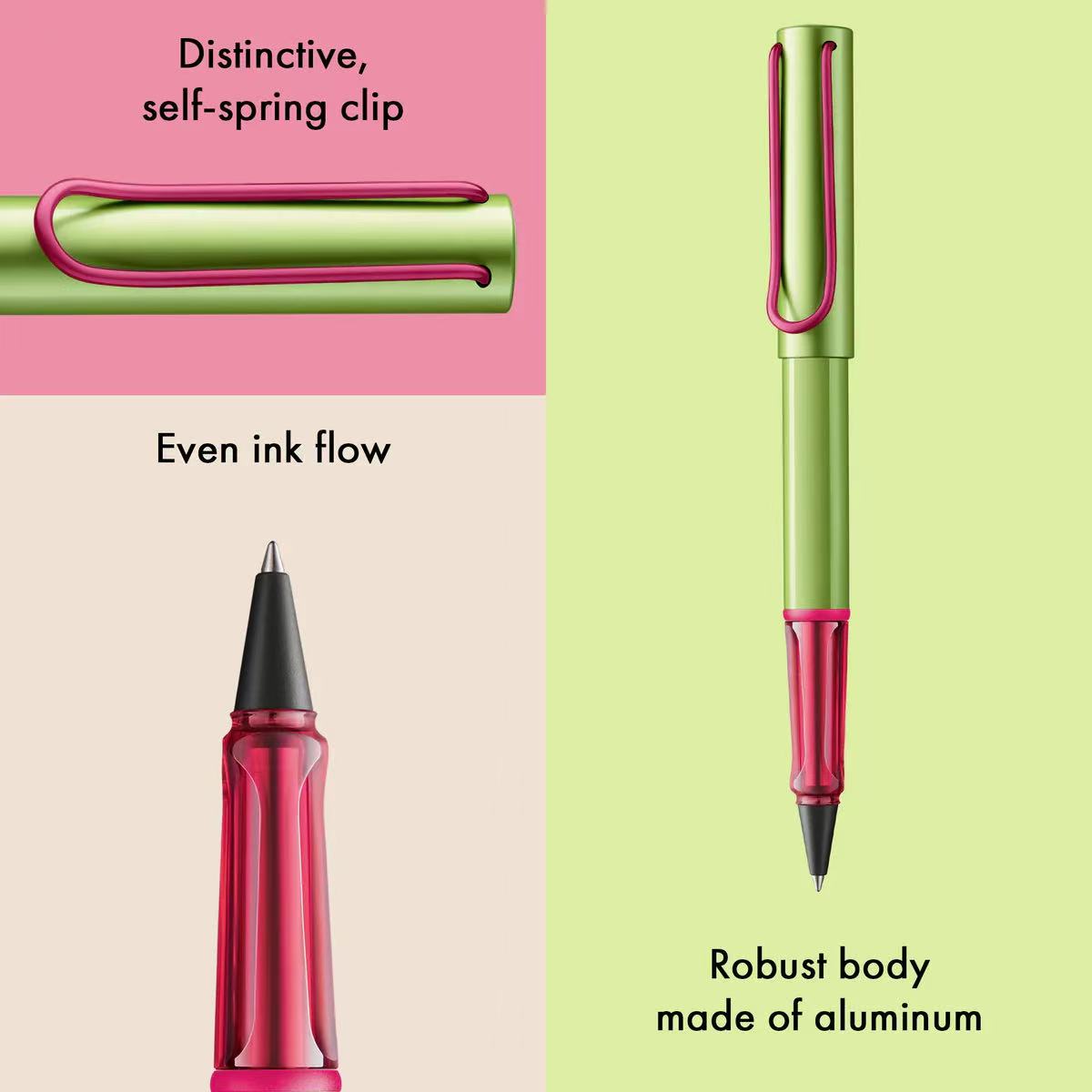 Green and pink pen with features highlighted on a pink and green background