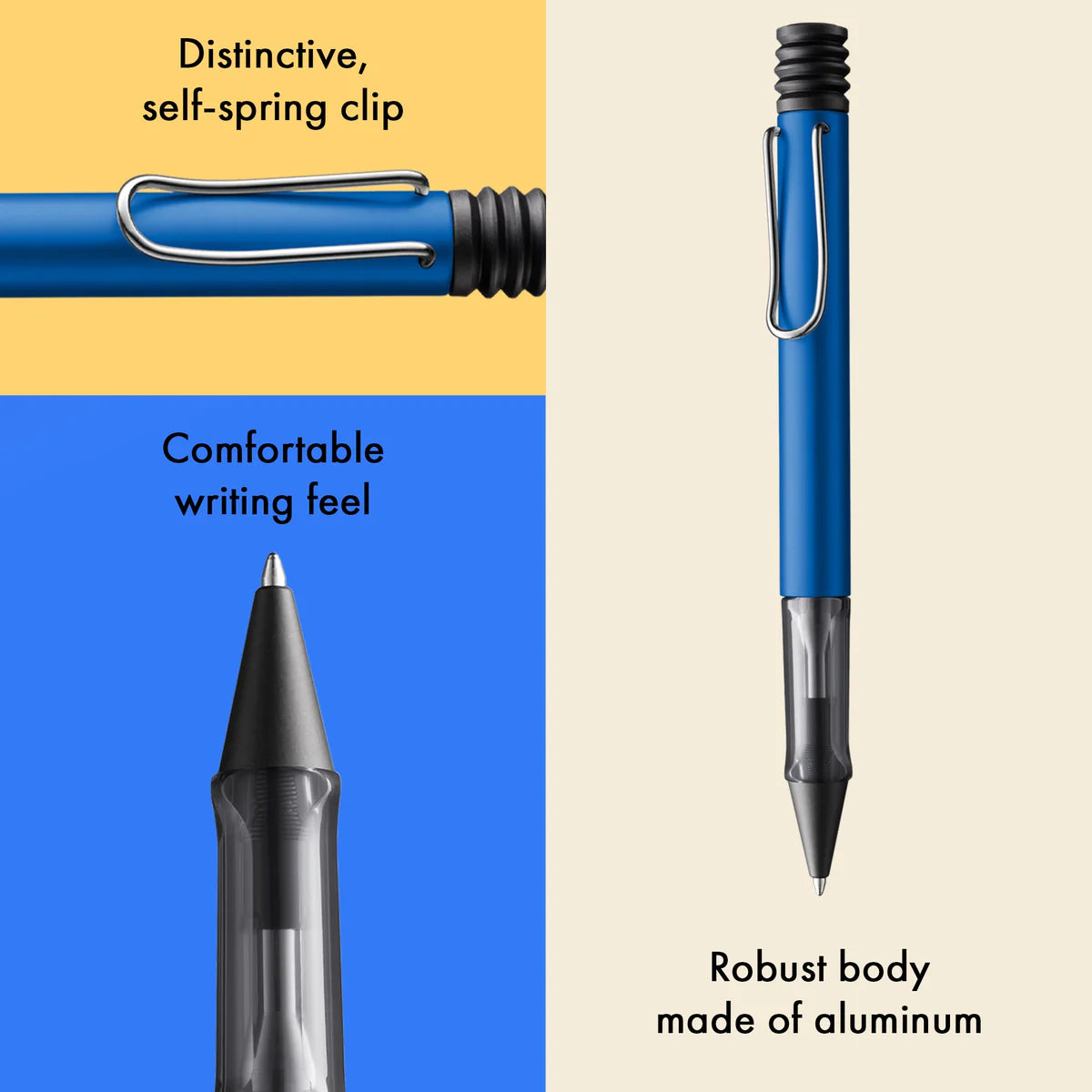 Blue pen with features highlighted on a multicolored background
