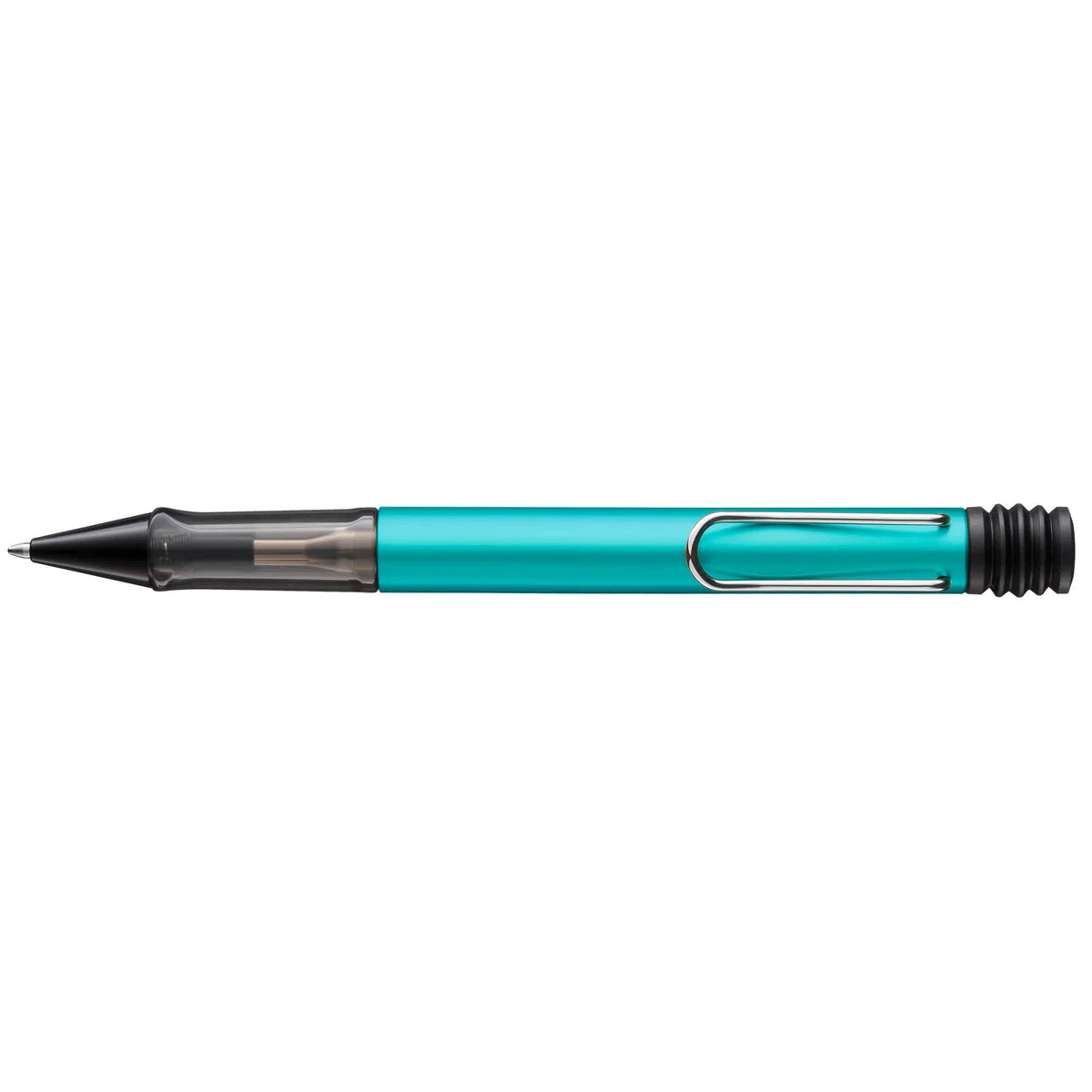 Turquoise pen with black accents on a white background