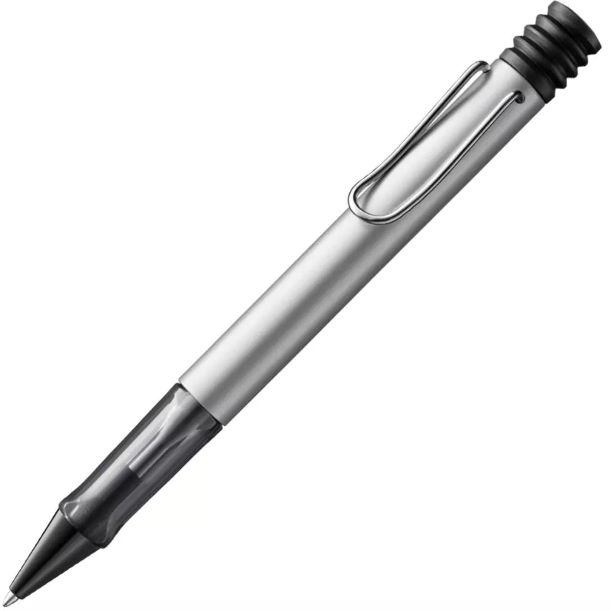 Silver pen with black accents on a white background