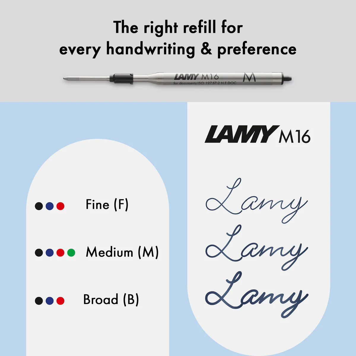 Lamy M16 pen refill with calligraphy sample and size chart