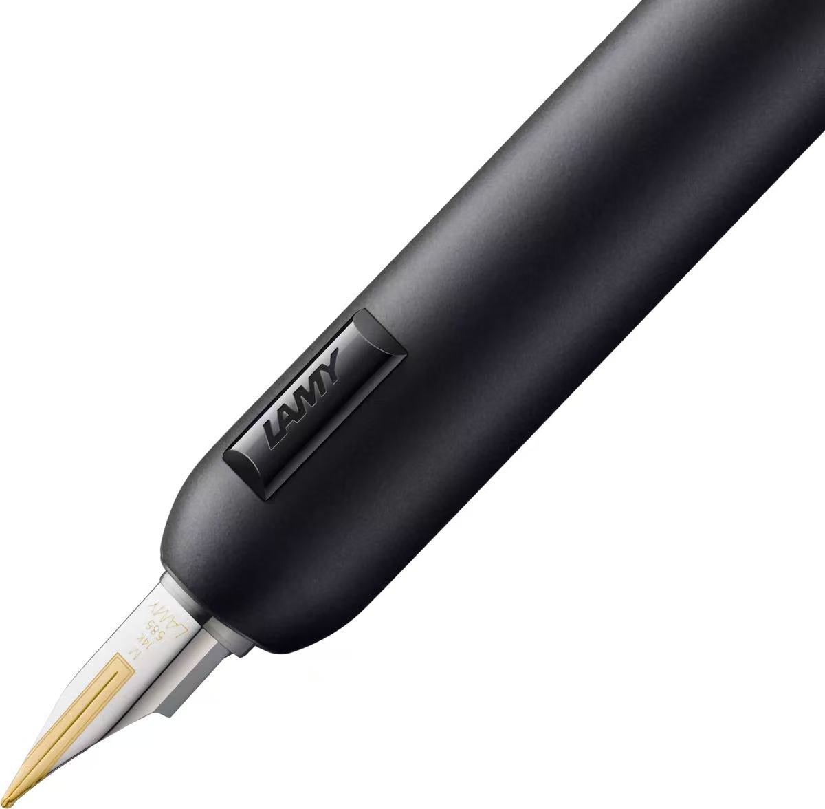 Close-up of the 14k bicolor gold nib on a LAMY dialog cc All Black