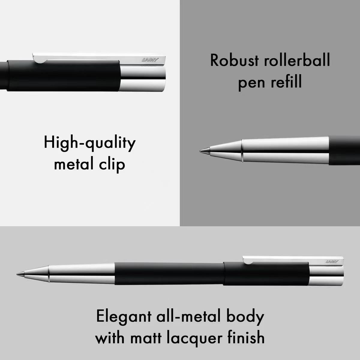 A sleek black LAMY scala rollerball pen with a polished metal grip and all-metal body, designed by Sieger Design.