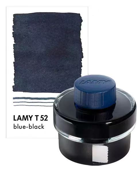 Lamy T52 blue-black ink bottle with ink swatch on a white background