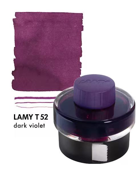 Lamy T 52 dark violet ink bottle with sample ink and packaging on a white background