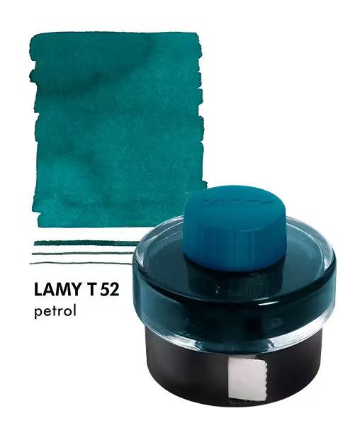 Lamy T 52 petrol ink bottle with ink swatch on a white background