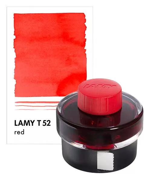 Lamy T 52 red ink bottle with a color swatch on a white background