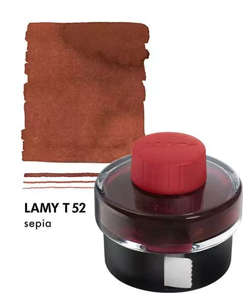Lamy T 52 sepia ink bottle with swatch and cap on a white background
