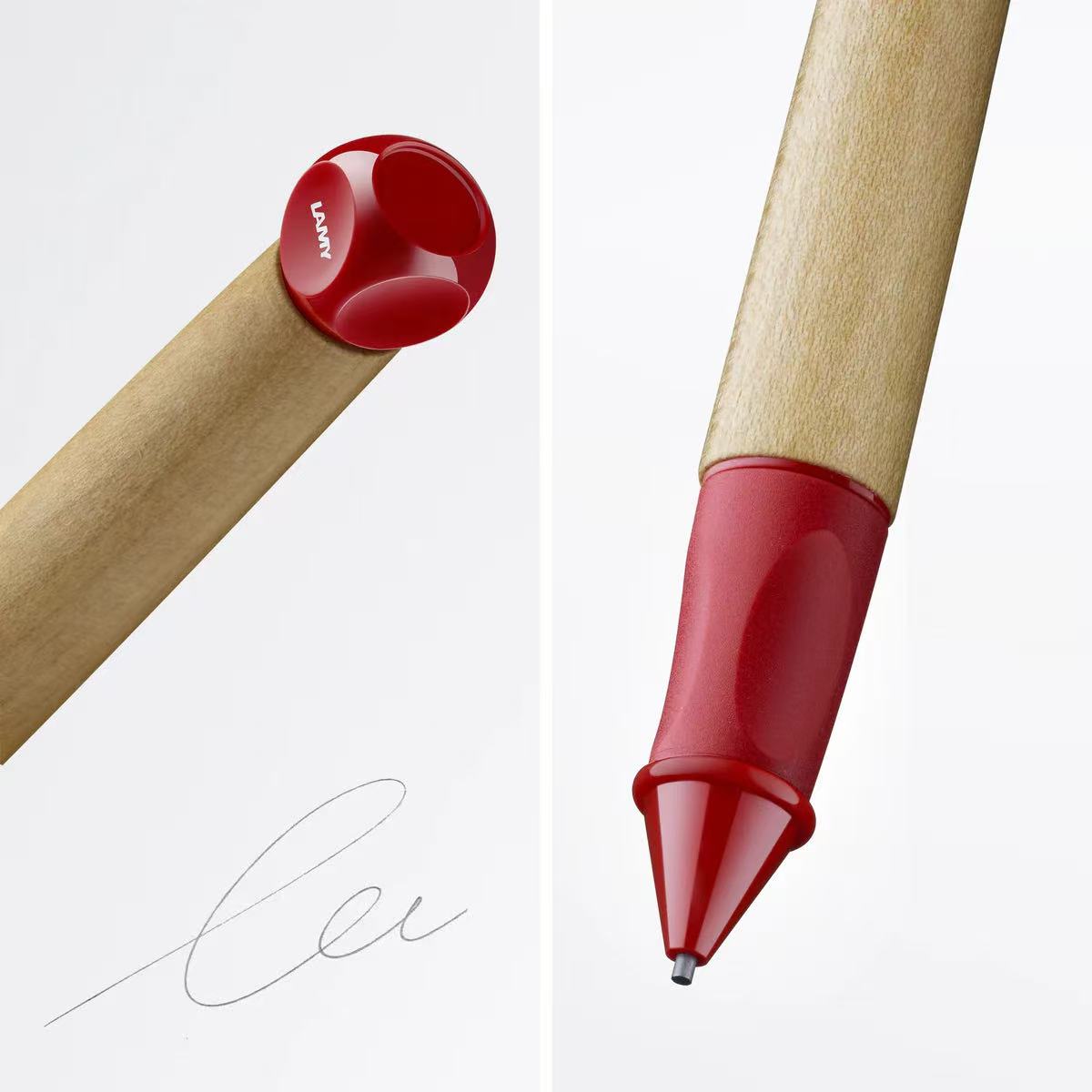 lamy abc red mechanical pencil with close-up details