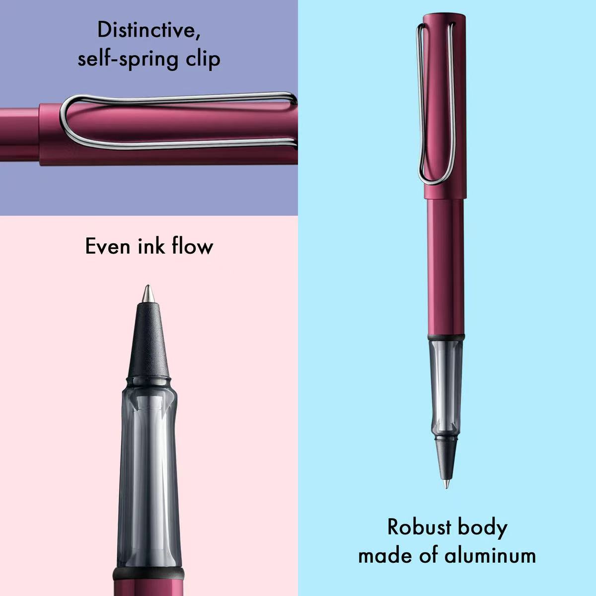 lamy al-star black purple rollerball pen with self-spring clip, even ink flow, and robust body made of aluminum 