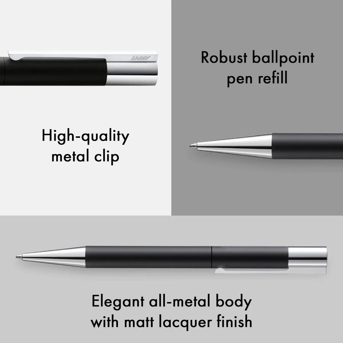 lamy scala black ballpoint pen with silver clip on a gray background, highlighting features like a robust ballpoint refill, high-quality metal clip, and elegant all-metal body.