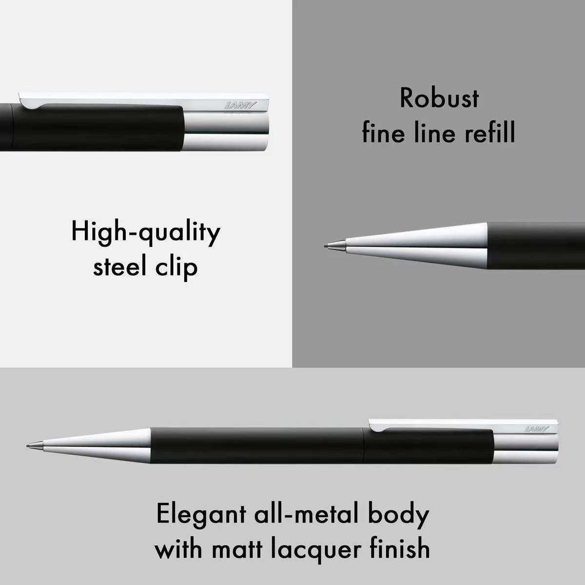 lamy scala black mechanical pencil with text highlighting features on a gray background
