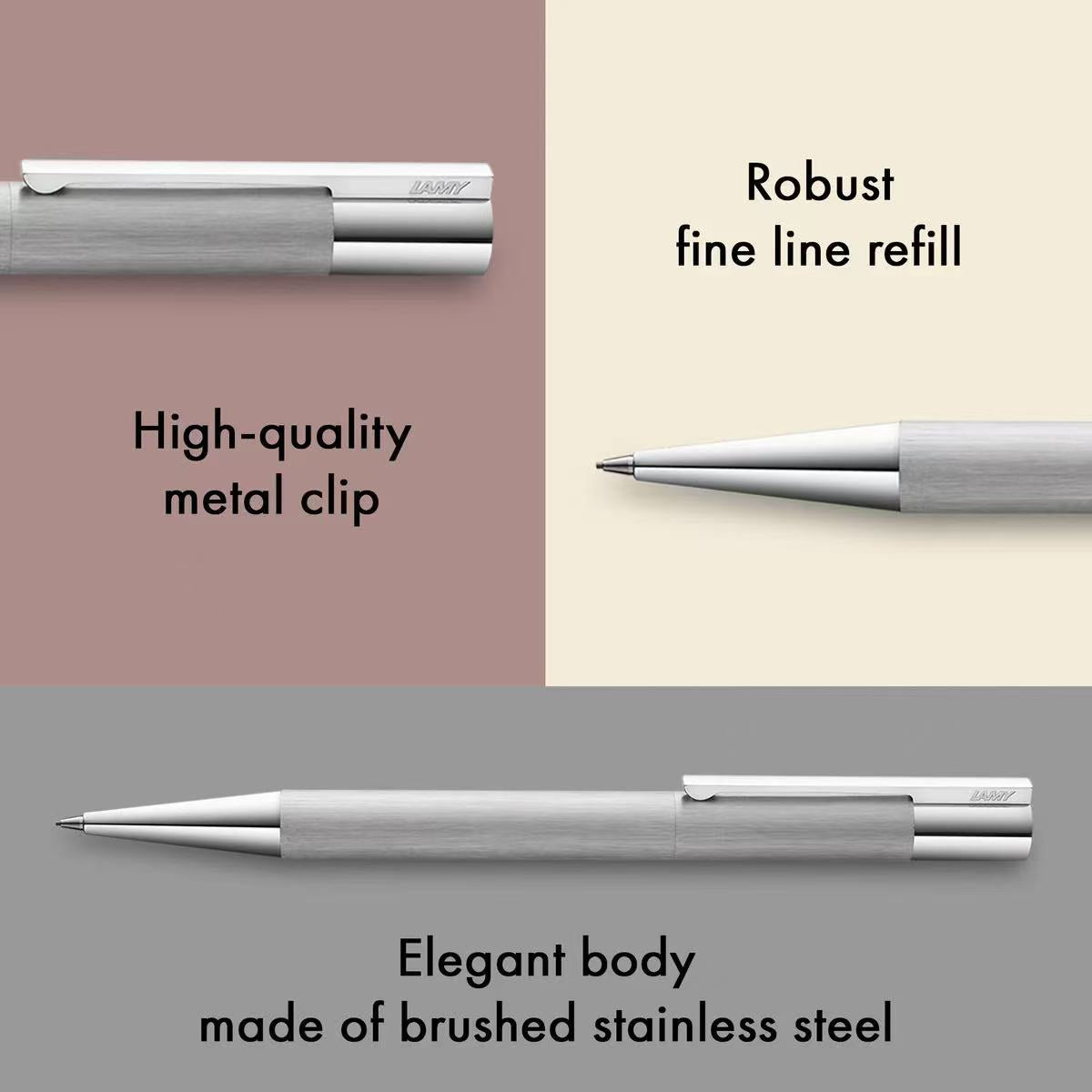 lamy scala brushed mechanical pencil with text highlighting features like robust refill, high-quality metal clip, and elegant stainless steel body.