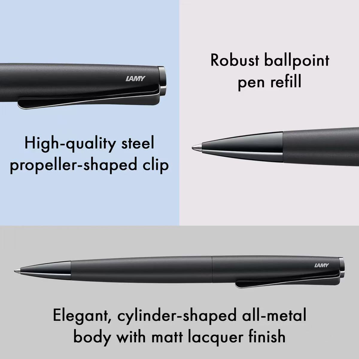 LAMY studio lx all black ballpoint pen with text highlighting features on a light blue and gray background