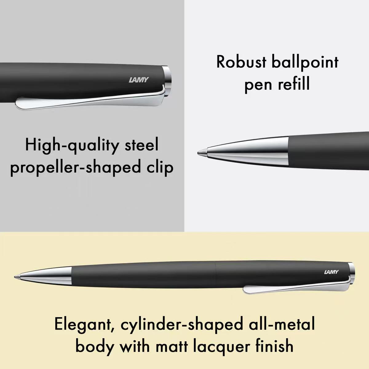 Black pen with text describing features on a gray and beige background