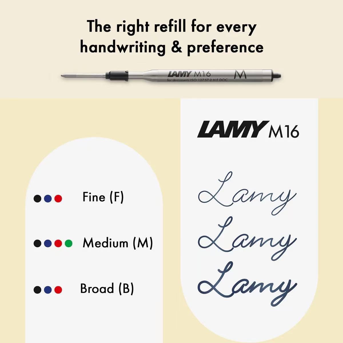 Lamy M16 pen refill with ink sample and size chart on a beige background