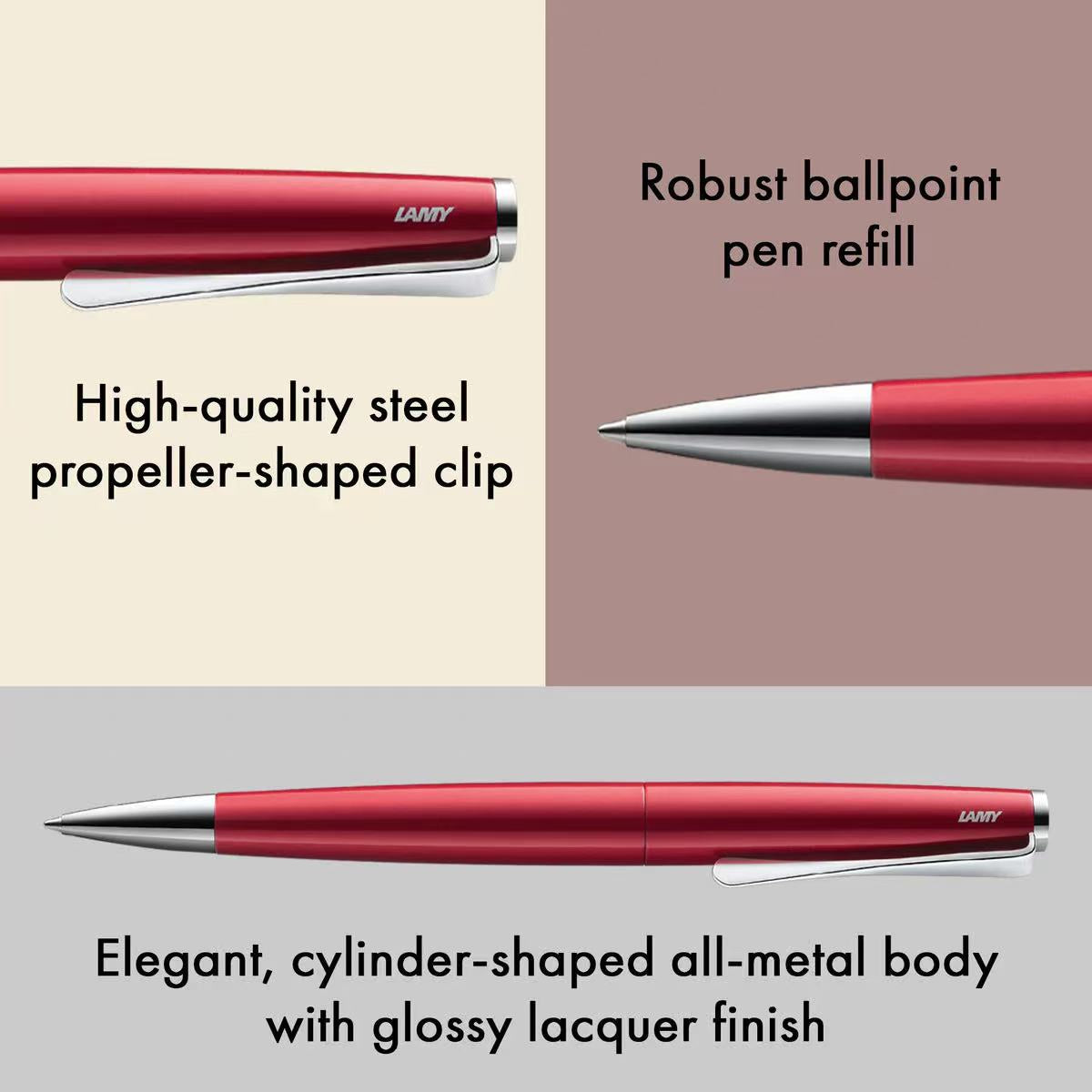 LAMY studio piano red ballpoint pen with text describing features 