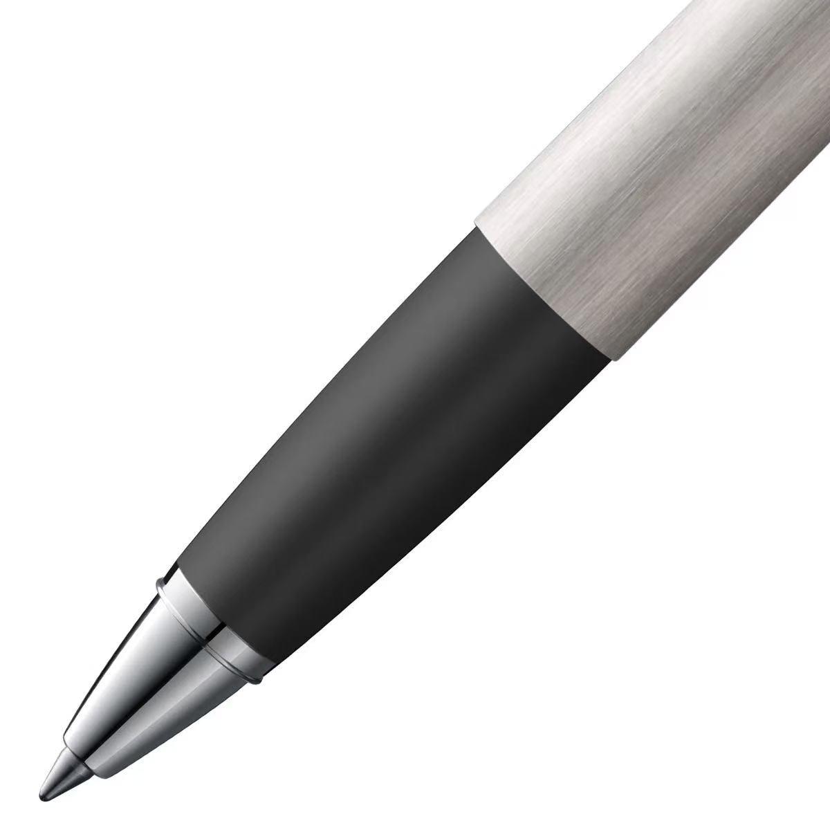Close-up of a lamy studio brushed steel rollerball pen