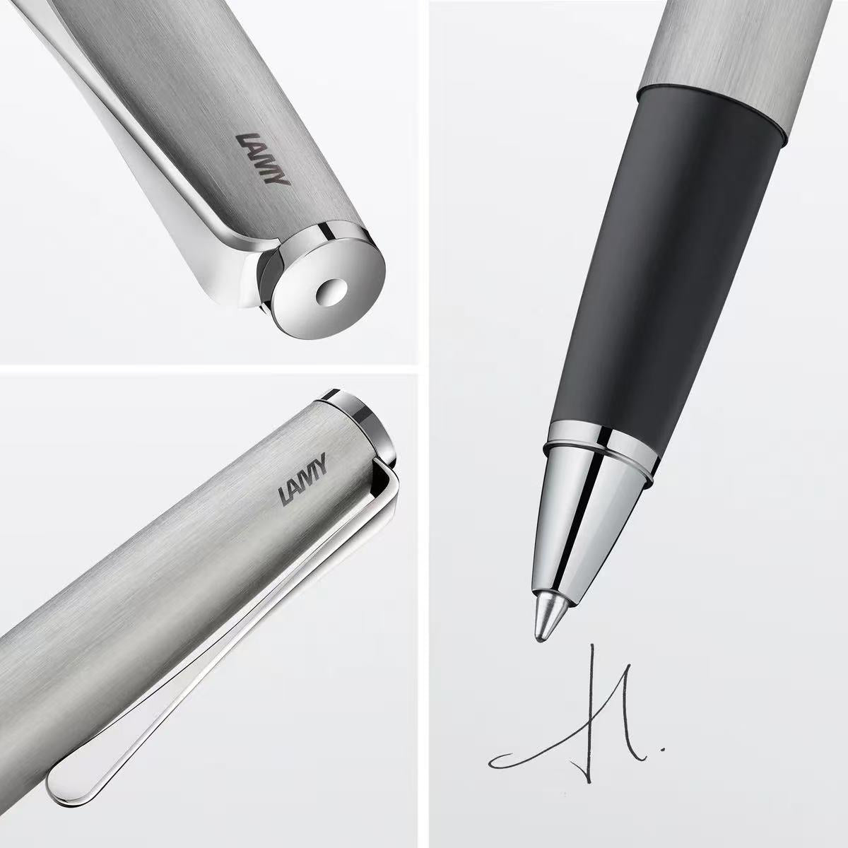 lamy studio brushed steel rollerball pen with close-up details on a white background