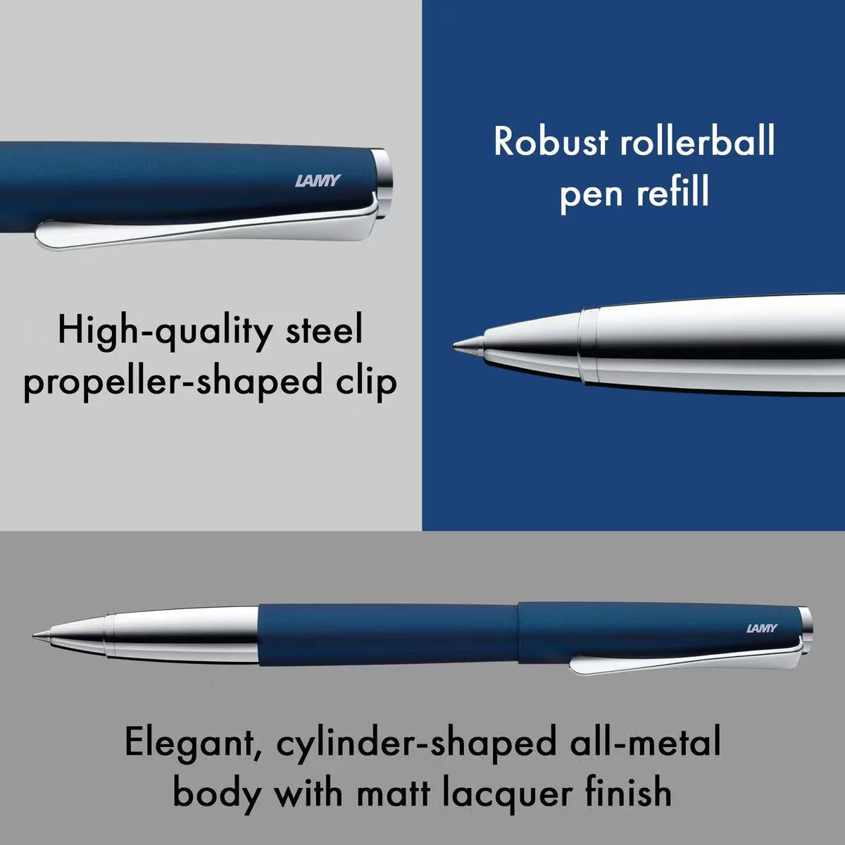 lamy studio palladium rollerball pen with text highlighting features on a gray and blue background