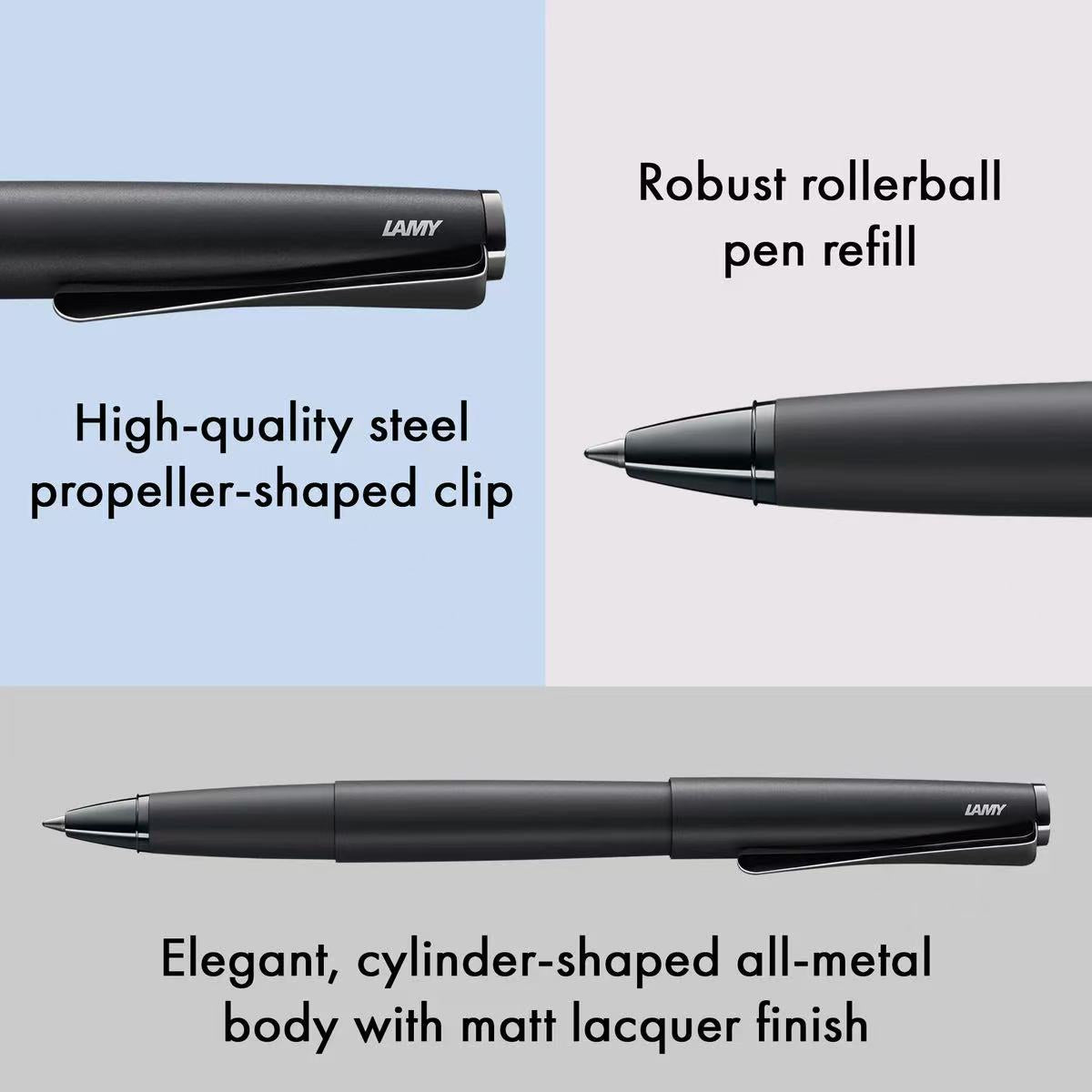 lamy studio lx all black rollerball pen with text describing features 