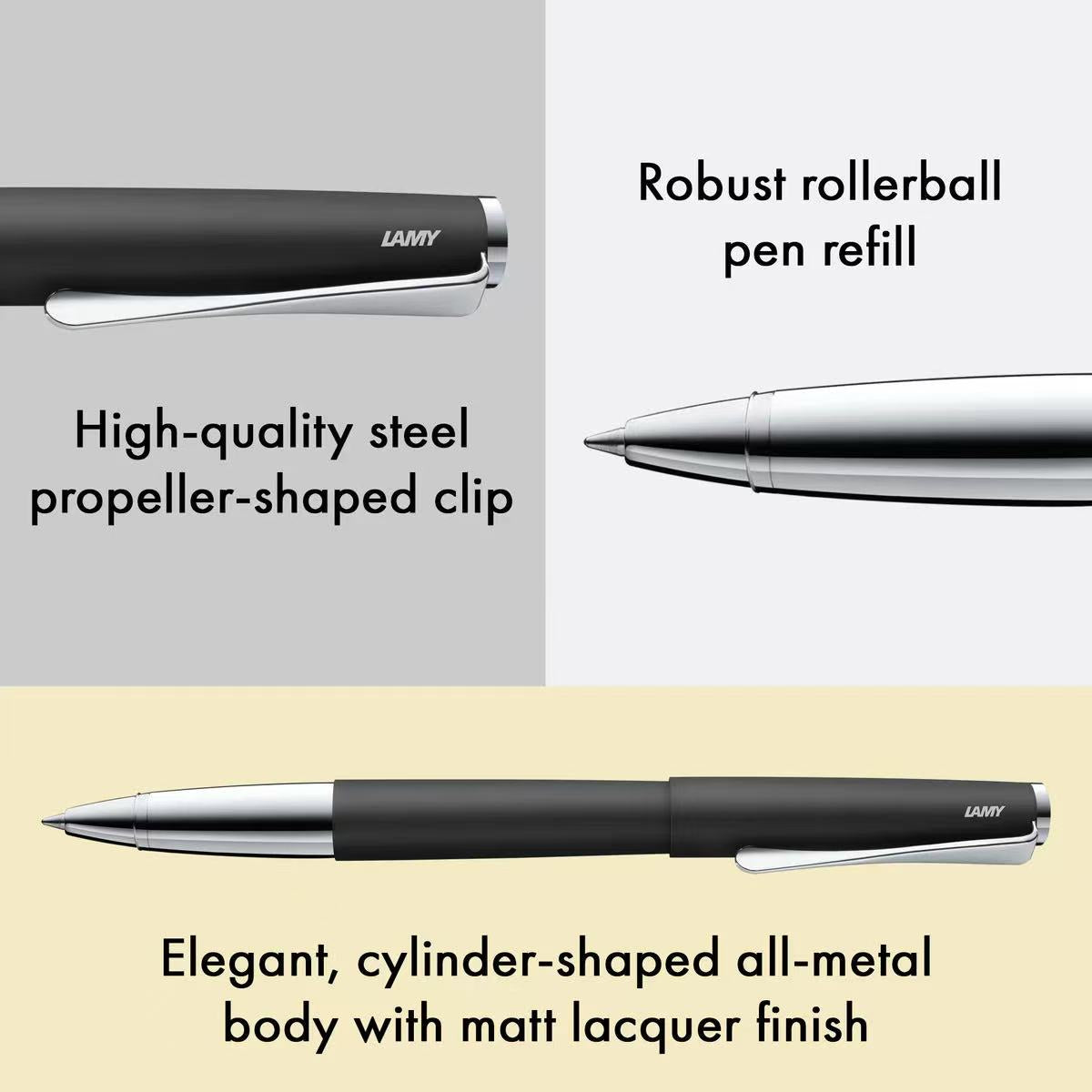 lamy studio black rollerball pen with text highlighting features like robust rollerball refill, high-quality steel clip, and elegant metal body.
