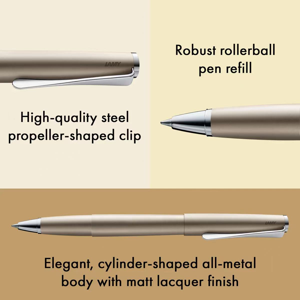 lamy studio palladium rollerball pen with text highlighting features on a beige background