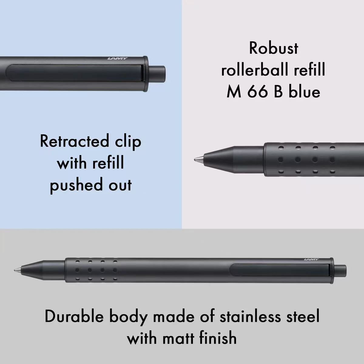 Pen with text describing features like robust rollerball refill, retracted clip, and durable stainless steel body.