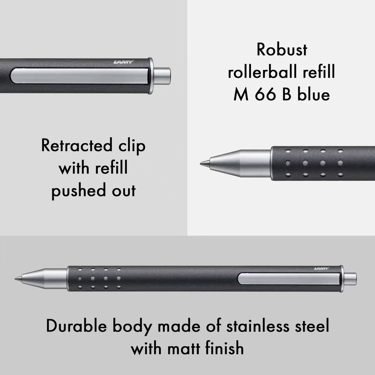 lamy swift graphite rollerball pen with text describing features on a gray background