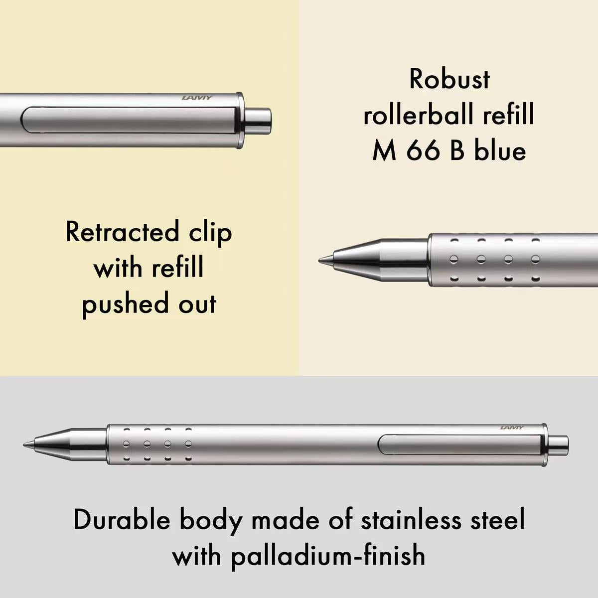 lamy swift palladium rollerball pen with features highlighted on a beige and gray background