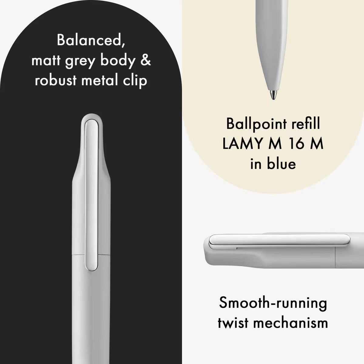lamy xevo light grey ballpoint pen with text describing features like balanced body, robust metal clip, ballpoint refill, and smooth-running twist mechanism.